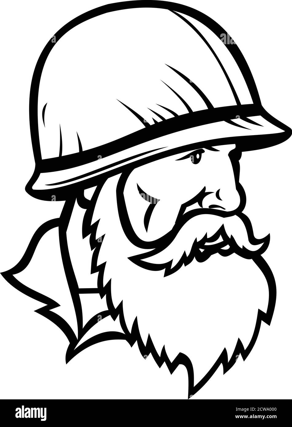 Illustration mascotte du chef d'un soldat de guerre américain du Vietnam porter un casque de combat avec une barbe complète en regardant sur le côté du côté sur l'ba isolé Illustration de Vecteur