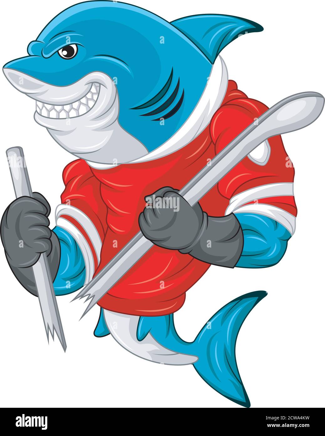 Mascotte de requin de dessin animé portant un maillot de hockey tout en tenant un bâton qui a été coupé Illustration de Vecteur