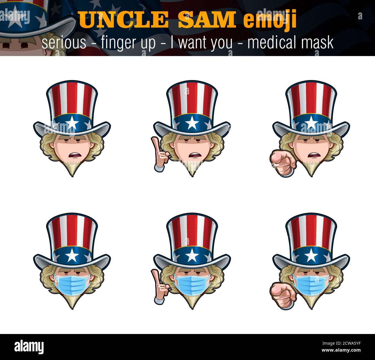 Illustrations vectorielles ensemble de la bande dessinée Oncle Sam Emoji avec l'expression sérieuse, juste le visage, pointant le doigt je veux vous et vers le haut et masque chirurgical op Illustration de Vecteur