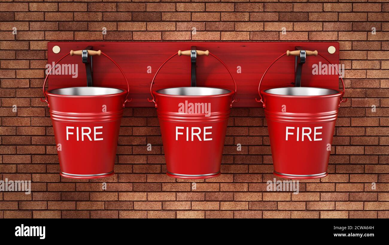 Seaux de feu vintage suspendus au mur. Illustration 3D. Banque D'Images
