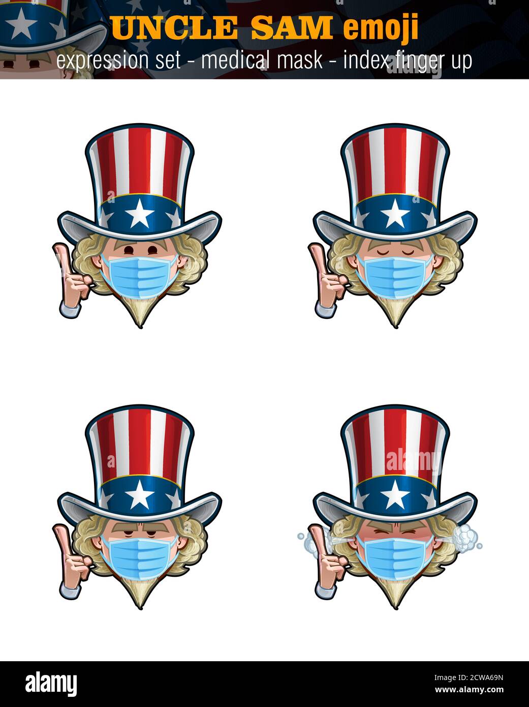 Illustrations vectorielles ensemble de caricatures Oncle Sam Emoji pointant le doigt vers le haut, portant un masque chirurgical. Quatre expressions, heureux, sérieux, non amusé, en colère – Illustration de Vecteur