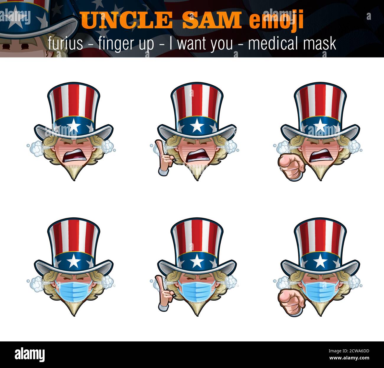 Illustrations vectorielles ensemble de la bande dessinée Oncle Sam Emoji avec l'expression furieuse, juste le visage, pointant le doigt je veux vous et vers le haut et masque chirurgical op Illustration de Vecteur