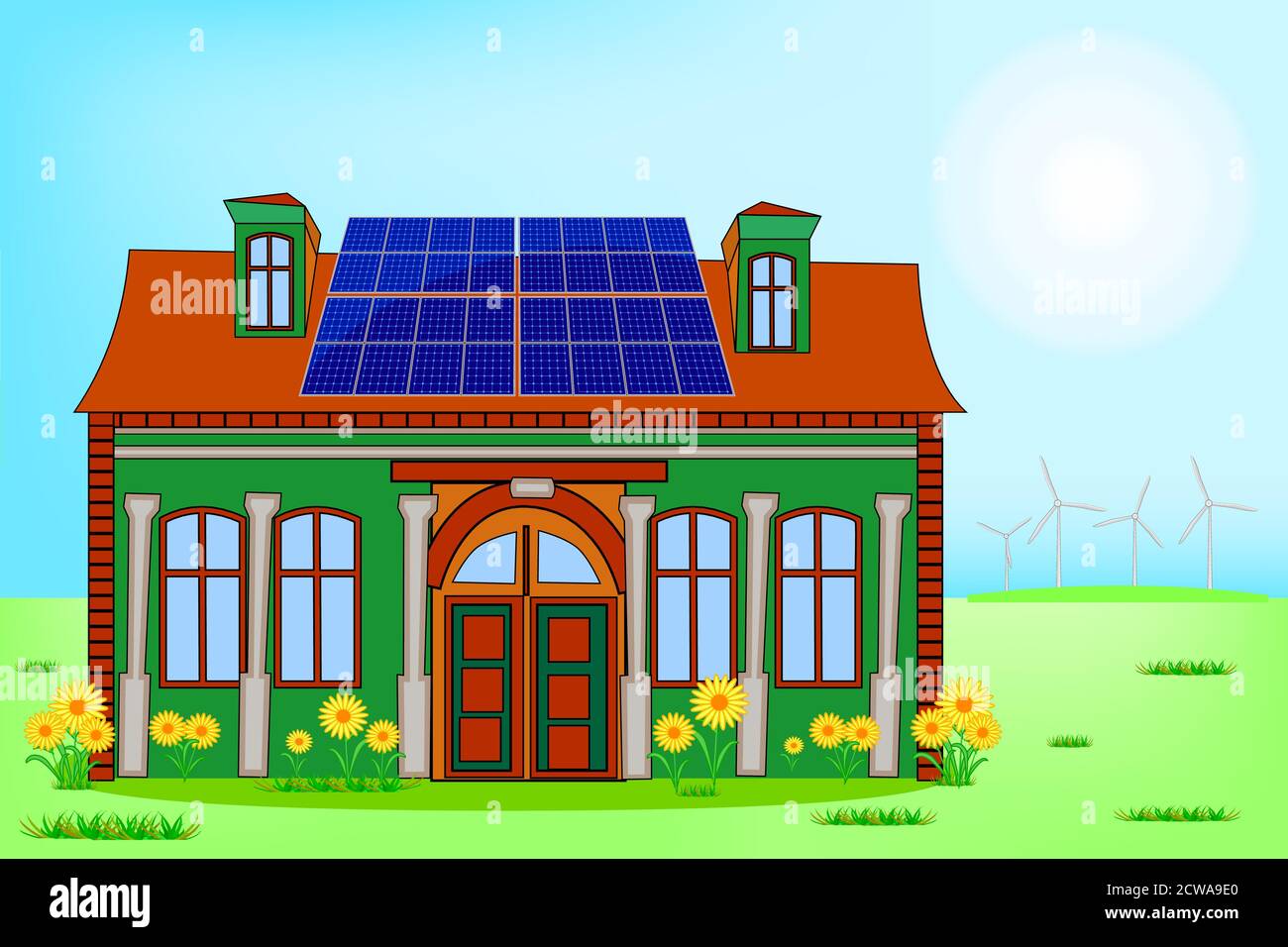 Maison d'énergie solaire. Maison éco-résidentielle durable avec panneaux solaires bleus sur toit rouge. Concept d'énergie renouvelable, source d'énergie écologique. Vecteur de brut Illustration de Vecteur