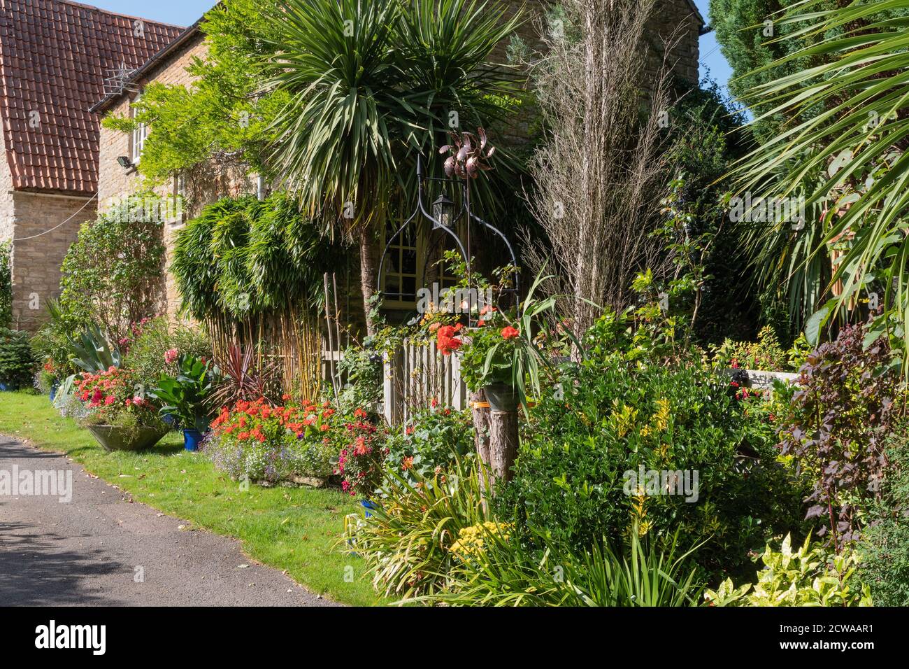 Plantation colorée et bien remplie dans un jardin à l'avant, dans le village de Yardley Hastings, Northamptonshire, Royaume-Uni Banque D'Images