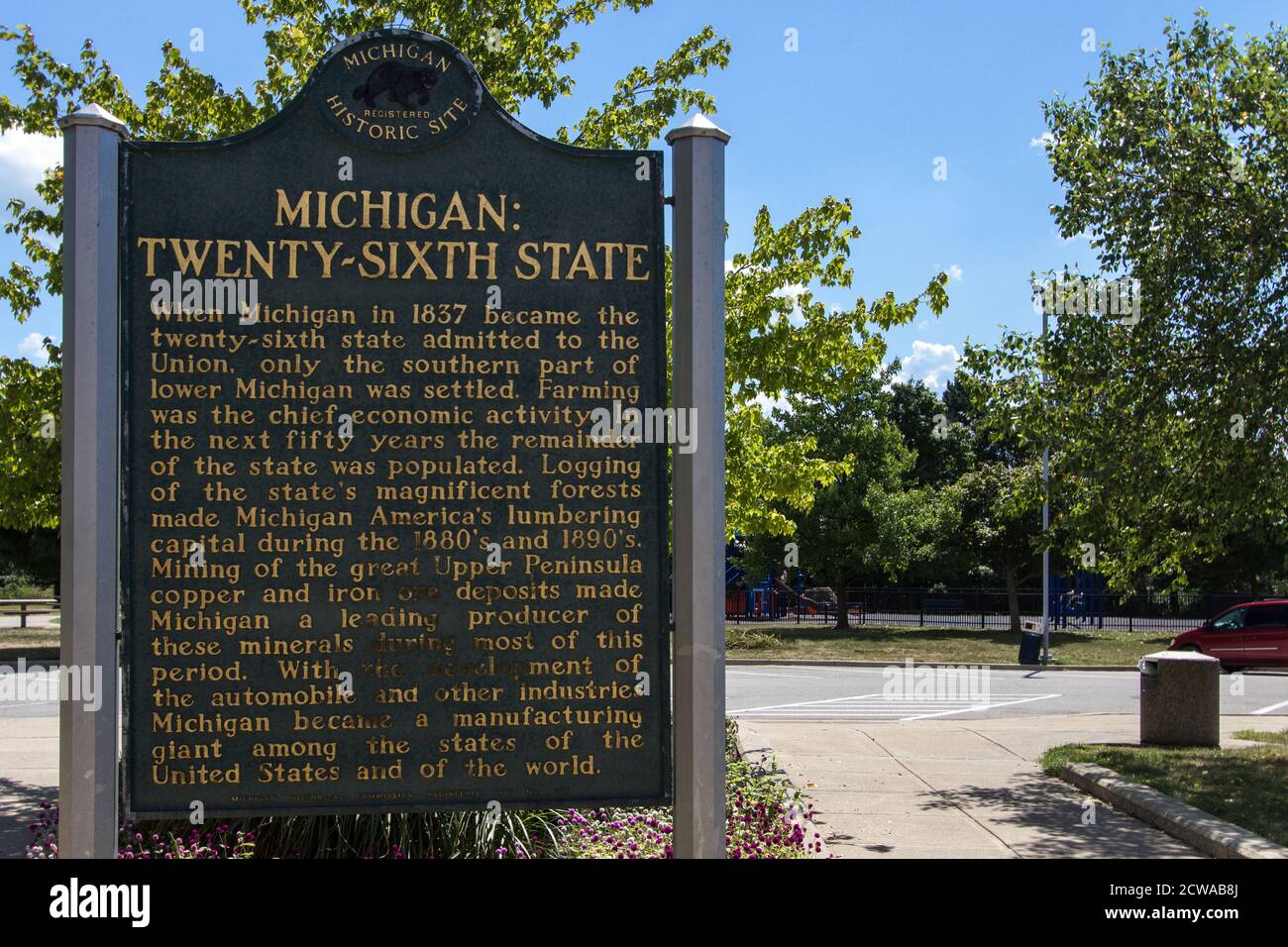 Marqueur historique honorant l'état du Michigan comme le vingt-sixième état dans les États-Unis d'Amérique. Banque D'Images