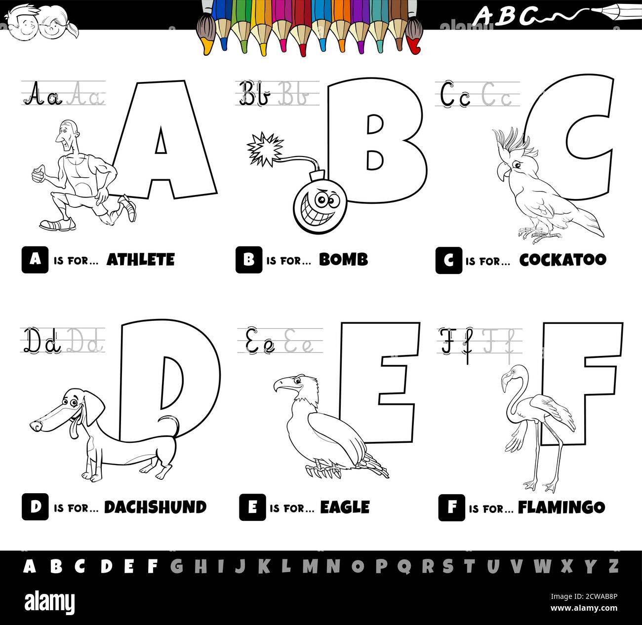 Dessin-modèle noir et blanc Illustration de lettres majuscules Alphabet éducatif Mise en place pour la pratique de lecture et d'écriture pour les enfants de A Vers F Cahier de coloriage P Illustration de Vecteur