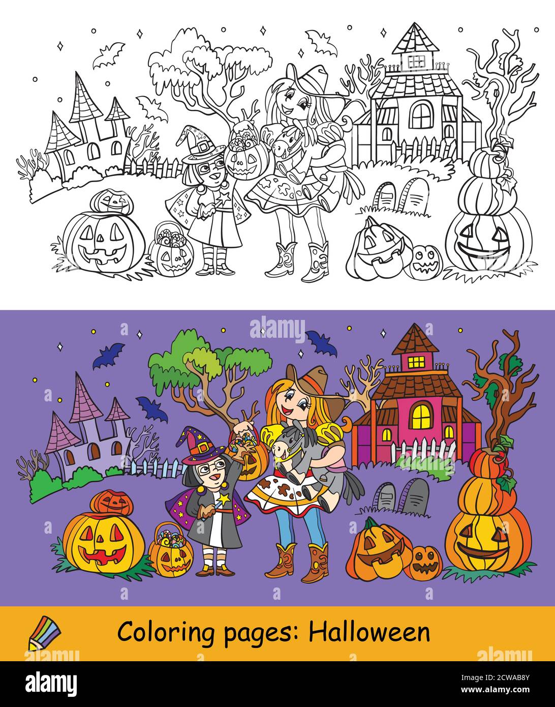 Scénario coloriage halloween illustrations sœurs en costumes Image  Vectorielle Stock - Alamy