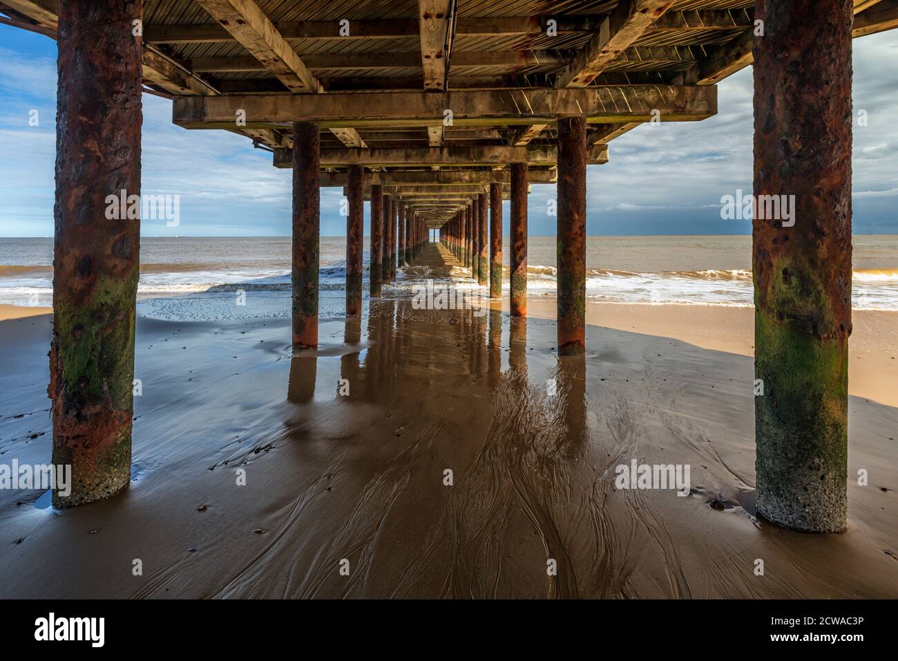 Sous Southwold Pier à marée basse, Suffolk, Angleterre, Royaume-Uni. Banque D'Images