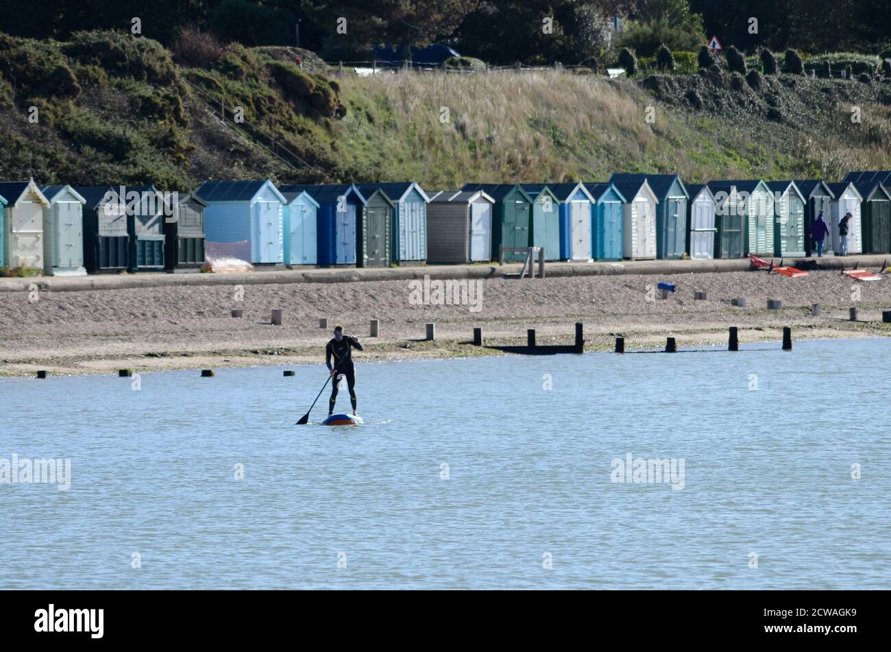 Un homme sur un paddleboard se dirige vers l'appareil photo. La plage de galets et les cabanes de plage multicolores sont en arrière-plan. Sur la côte sud de l'Angleterre Banque D'Images