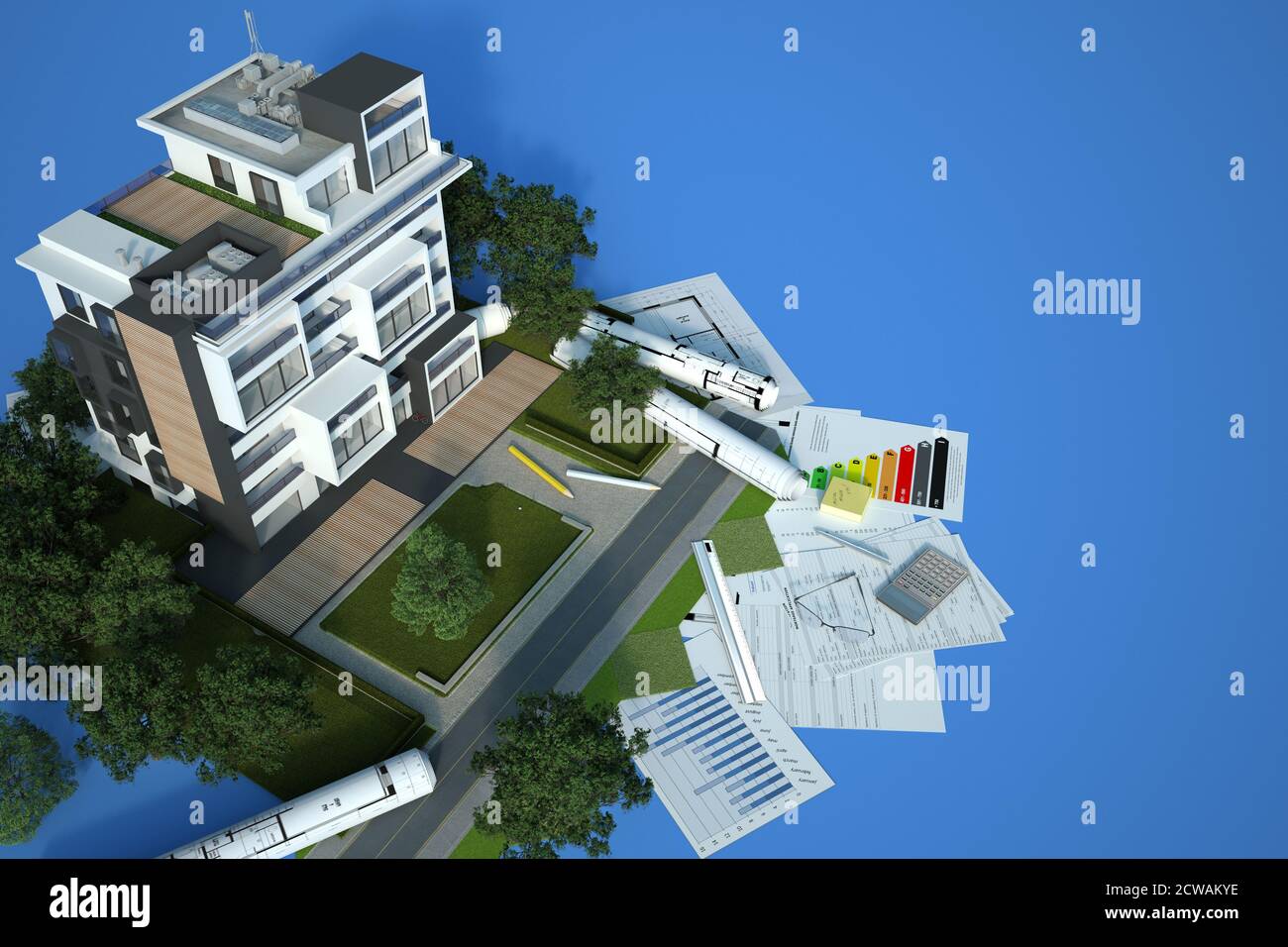 Rendu 3D d'un modèle d'architecture de bâtiment durable avec des plans, un tableau d'efficacité énergétique et d'autres documents sur fond bleu Banque D'Images