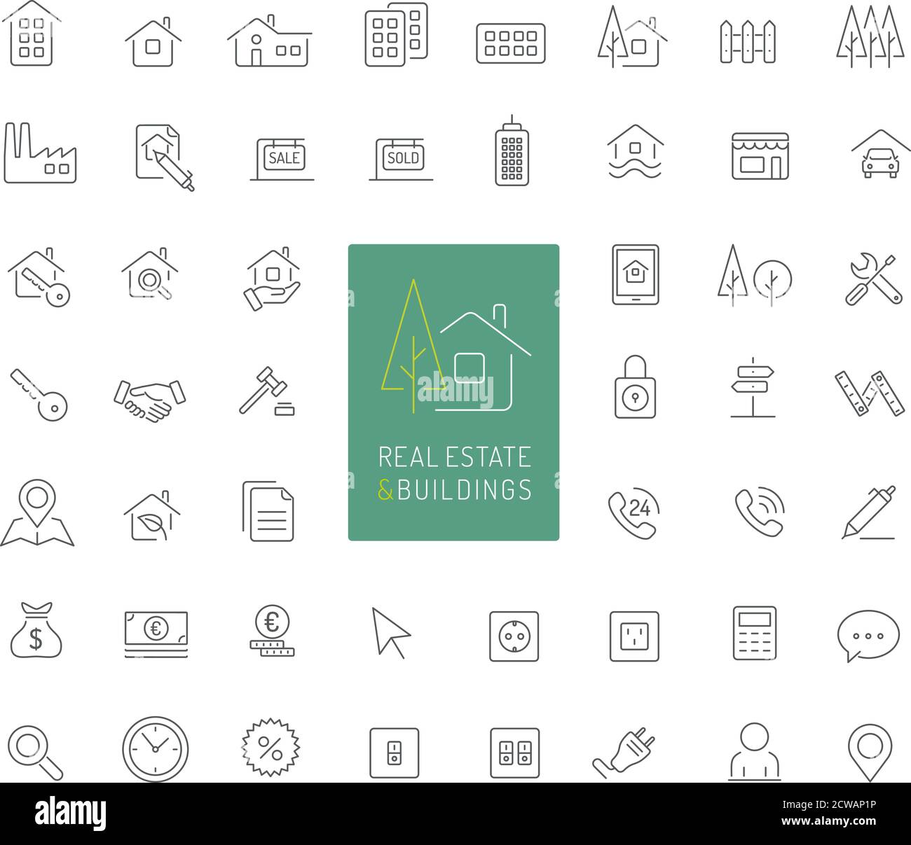 50 icônes de biens immobiliers et de bâtiments en ligne fine Illustration de Vecteur