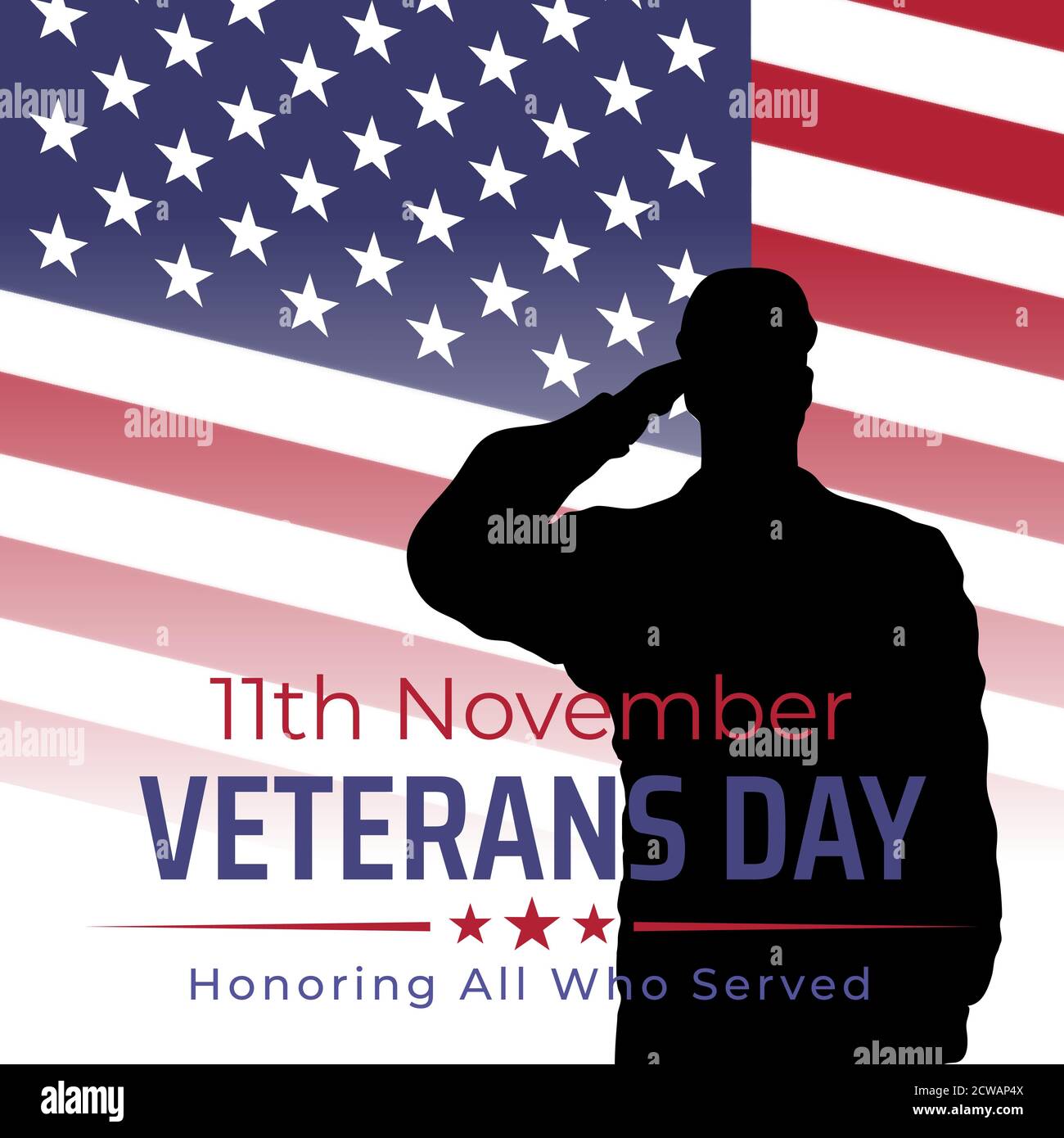 Bonne bannière de la journée des anciens combattants, silhouette d'un soldat vétéran de l'armée nous saluant sur fond de drapeau. JOURNÉE NATIONALE DES ÉTATS-UNIS le 11 novembre. Drapeau américain. Affiche, Ty Illustration de Vecteur