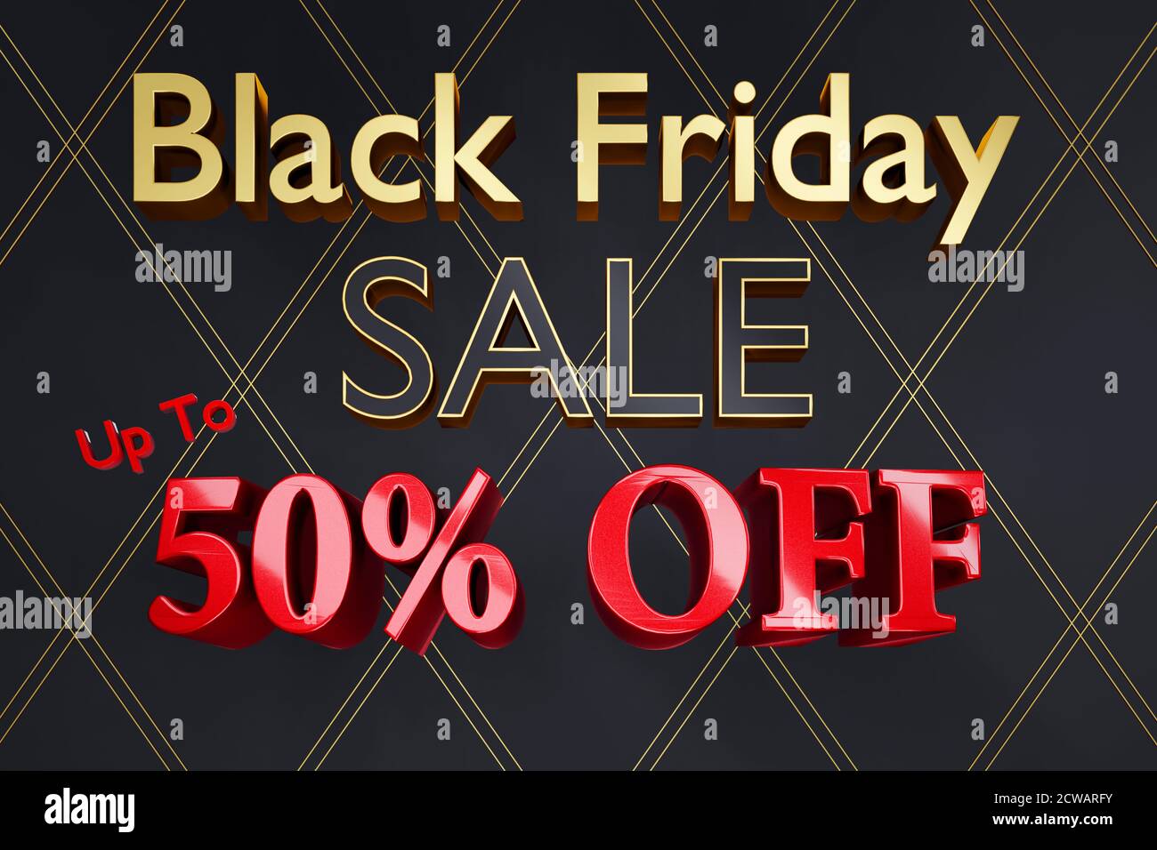 Affiche d'arrière-plan ou image de l'affiche du vendredi noir rendu en 3D avec 50 % de réduction sur le texte Banque D'Images