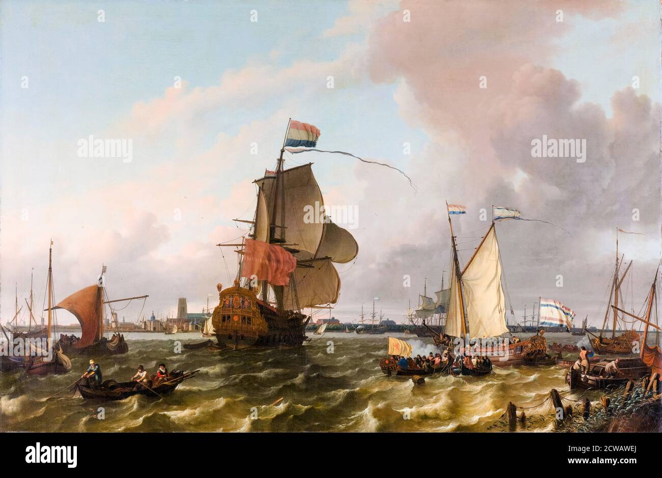 La Brielle de l'homme de guerre hollandais (Brill) sur la rivière Maas au large de Rotterdam, peinture de Ludolf Bakhuysen, 1689 Banque D'Images
