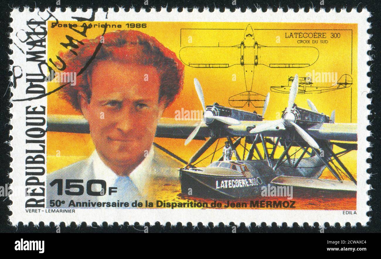 MALI - VERS 1986 : timbre imprimé par le Mali, montre Aircraft et Jean Mermoz, vers 1986 Banque D'Images