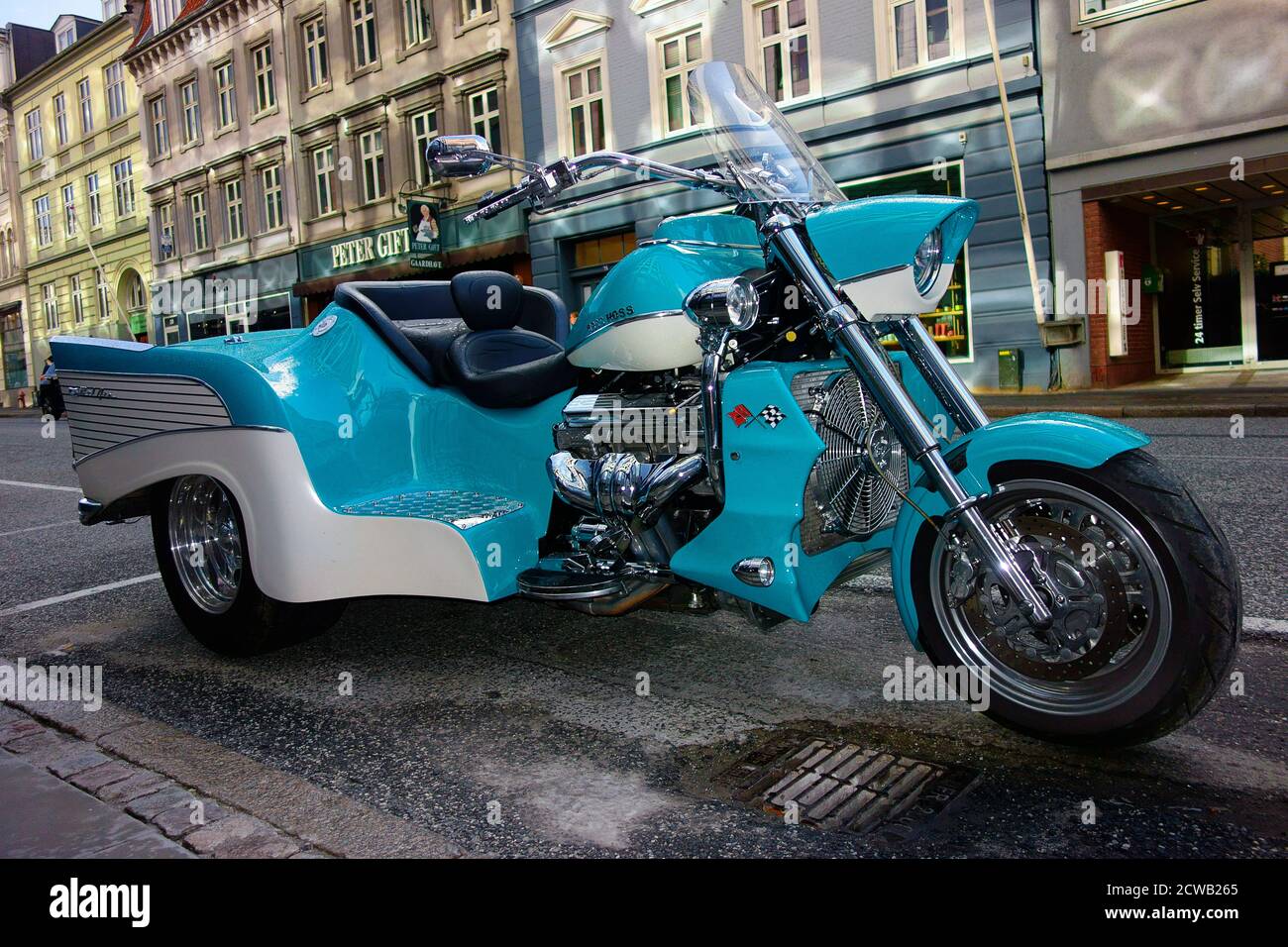 Moto moto tricycle tricycle tricycle par Boss Hoss. Moteur V8, modèle Chevrolet 57 de style 50s Banque D'Images