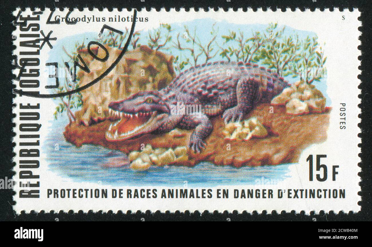 TOGO - VERS 1977: Timbre imprimé par le Togo, montre le crocodile du Nil, vers 1977 Banque D'Images