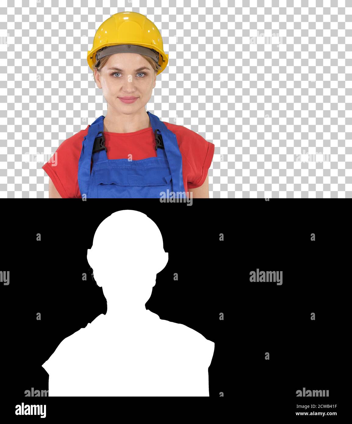 Femme souriante poseuse de constructeur debout et changeant poses FOL Banque D'Images