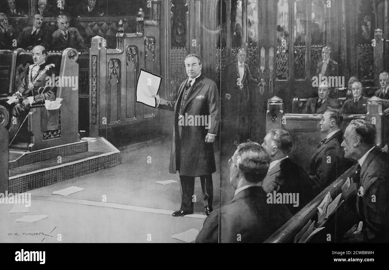 Le premier ministre Stanley Baldwin fait l'annonce de l'abdication du roi Edward VIII devant le Parlement britannique. 1936 Banque D'Images