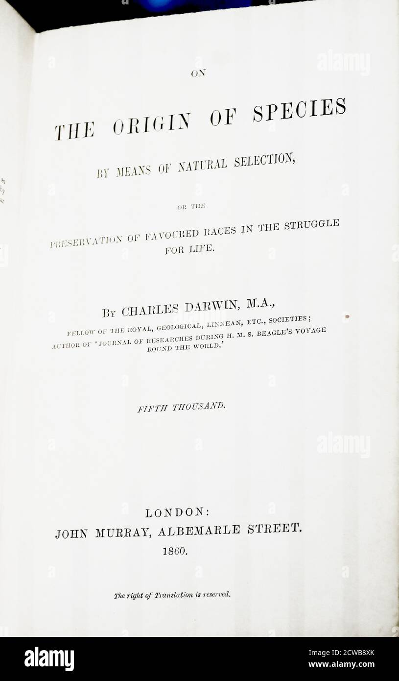Page de titre de la première édition de "On the Origin of Species" par le biais de la sélection naturelle, publiée le 24 novembre 1859, est une œuvre de la littérature scientifique de Charles Darwin qui est considérée comme le fondement de la biologie évolutive. Banque D'Images