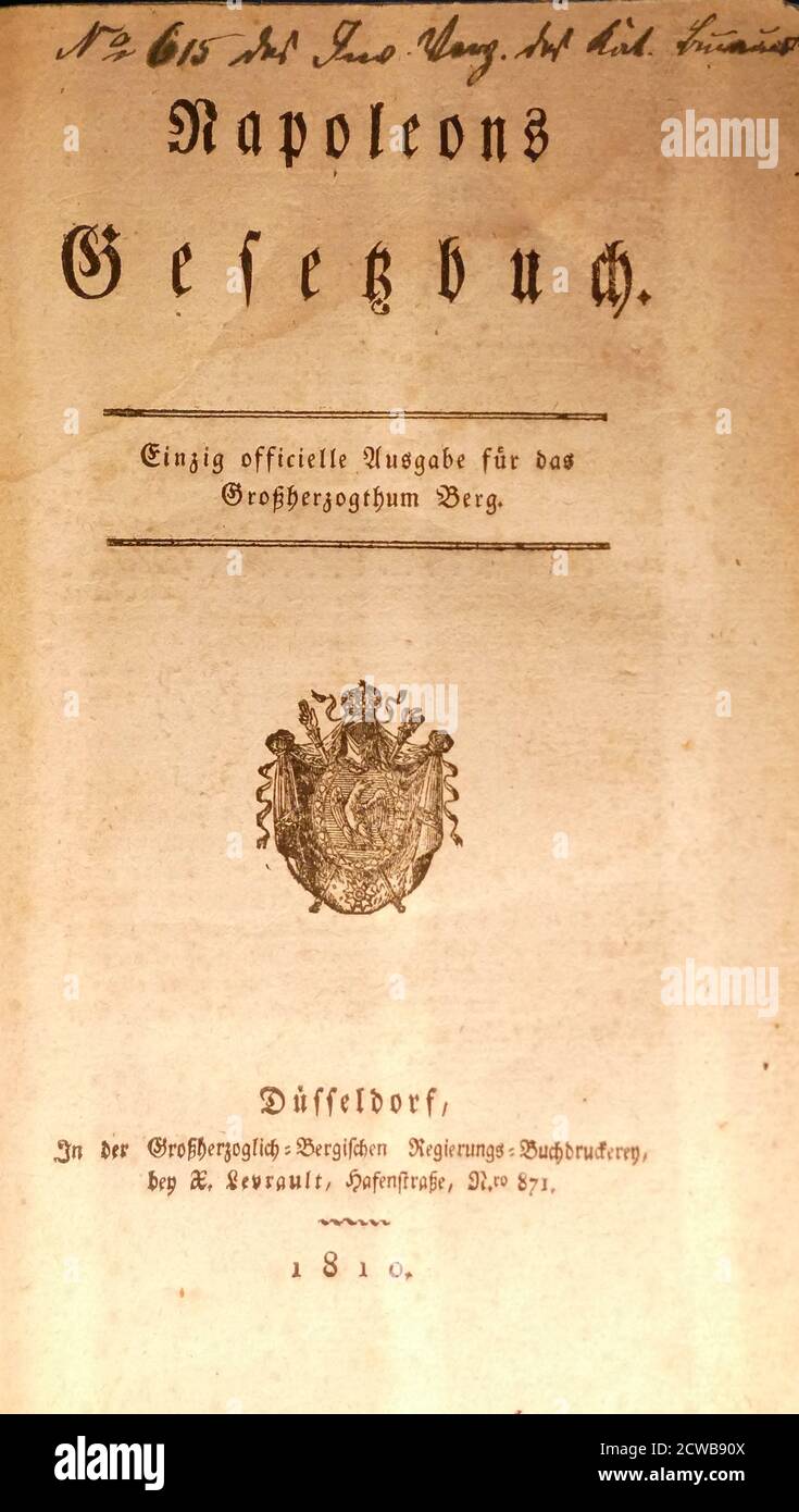 Le Code napoléonien - ou Code Napoléon, le Code civil français établi sous Napoléon Ier en 1804. Le code n'autorisait pas les privilèges basés sur la naissance. Elle a permis la liberté de religion. Il a également mis en place un système de fonction publique où les emplois du gouvernement seraient les plus qualifiés Banque D'Images