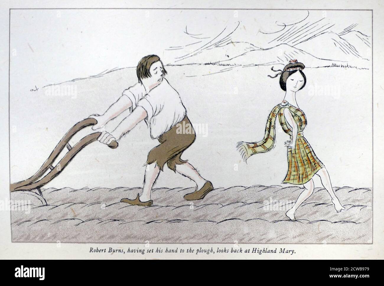 L'illustration intitulée « Robert Burns, ayant mis sa main sur la charrue, regarde en arrière Highland Mary » par Max Beerbohm. Sir Henry Maximilian 'Max' Beerbohm (1872-1956), essayiste, parodiste et caricaturiste anglais Banque D'Images