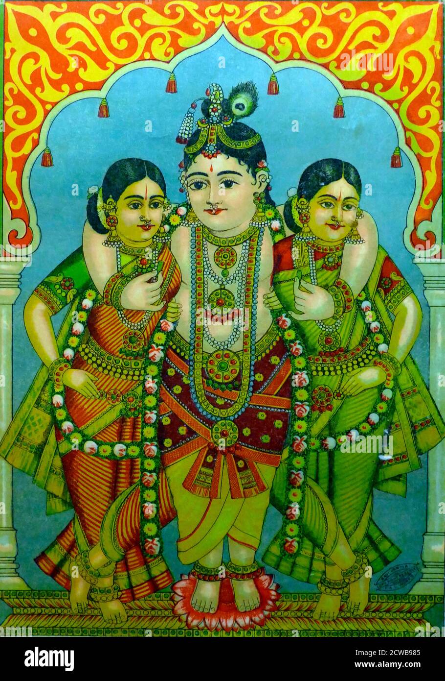 Imprimé Chromolithographique représentant Krishna et le gopis Banque D'Images