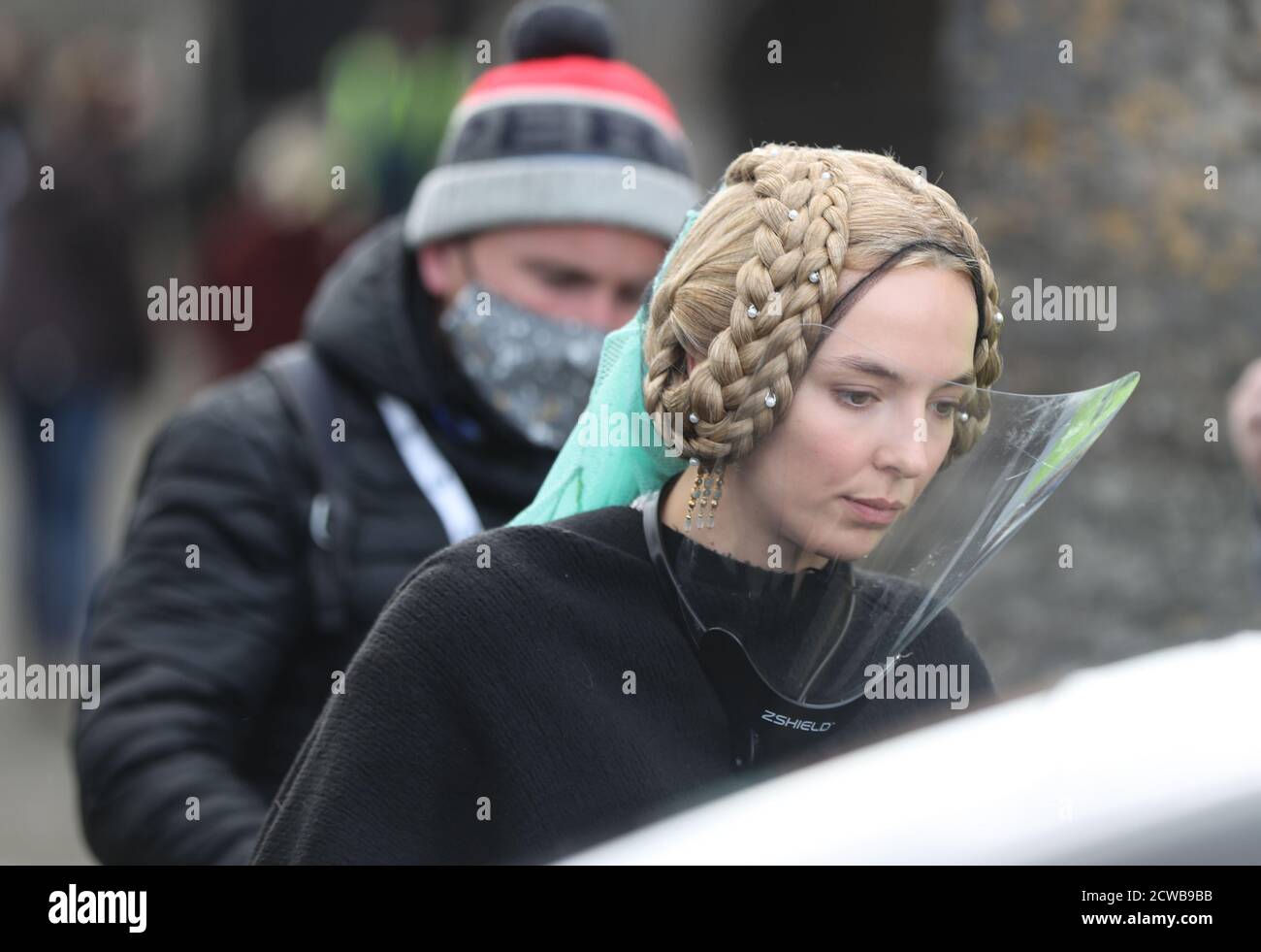 Jodie Comer au château de Cahir à Co Tipperary sur le set du dernier duel, un film historique de thriller dramatique réalisé par Ridley Scott. Banque D'Images