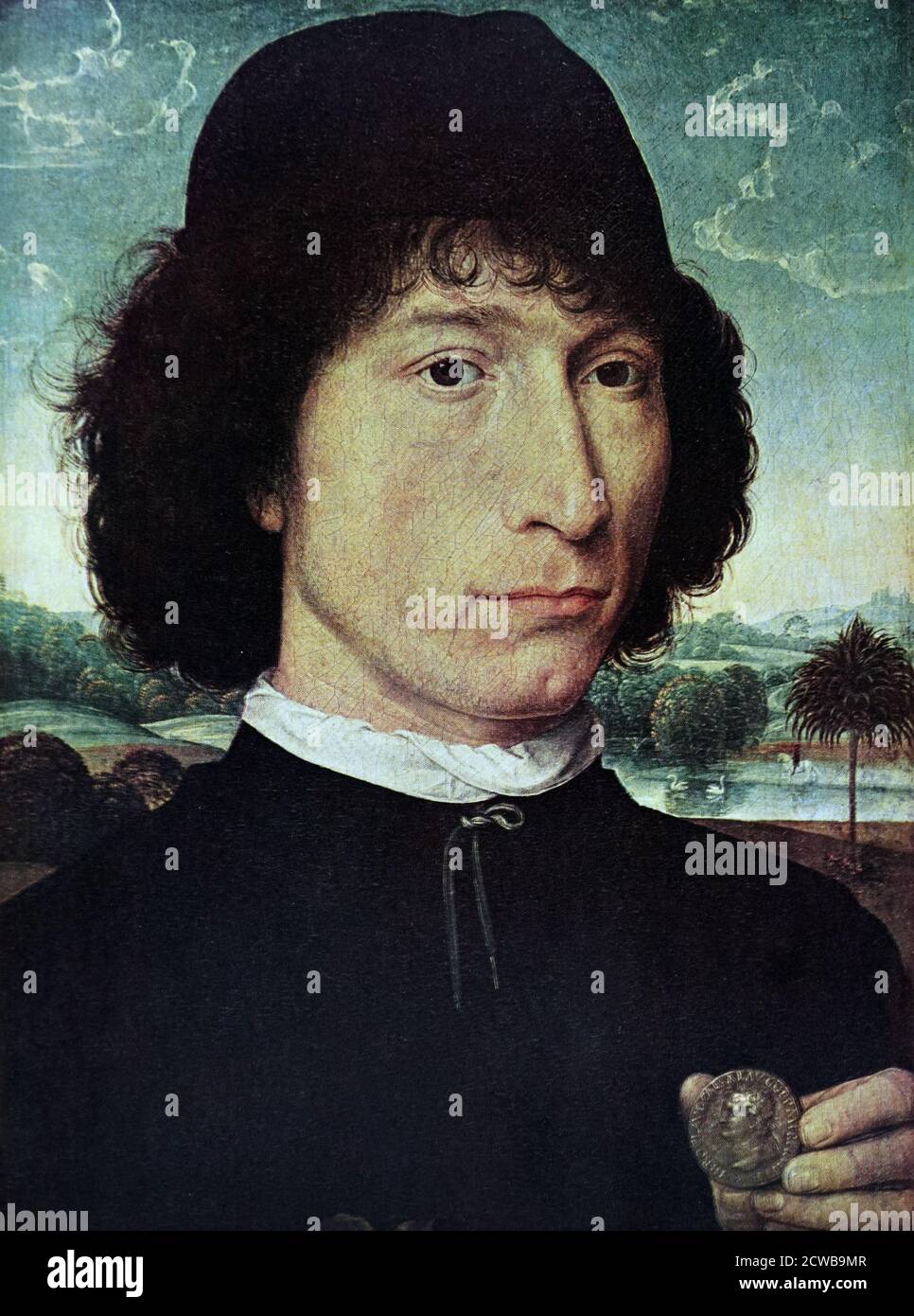 Tableau intitulé « Portrait d'un homme avec une médaille romaine » par Hans Memling. Hans Memling (1430-1494) un peintre allemand. Banque D'Images