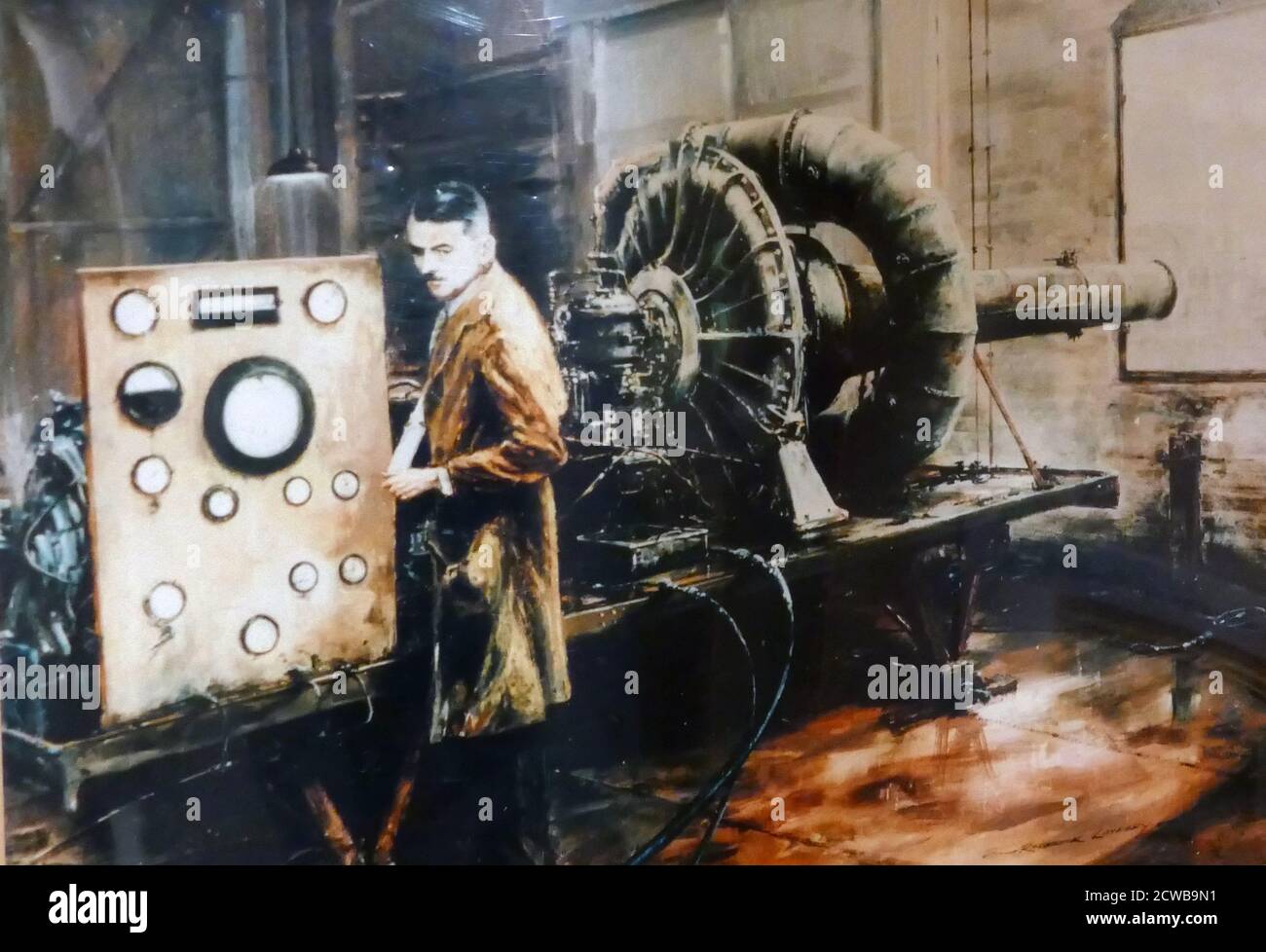 Peinture représentant Sir Frank Whittle de Roderick Lovesey. Frank Whittle (1907-1996) un officier de l'aviation anglais du Royal Air Force Banque D'Images