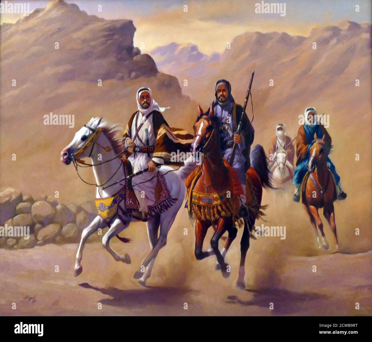 Des guerriers arabes montés traversent le désert du Sinaï, en Égypte. Peinture égyptienne du XXe siècle Banque D'Images