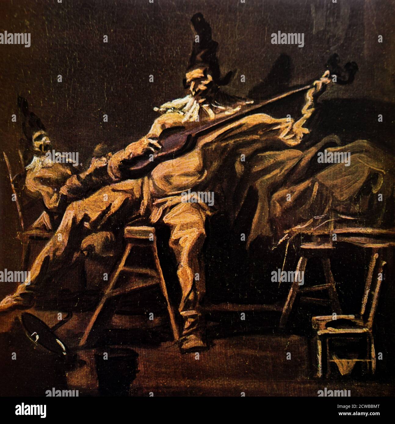 Pulchinella joue une guitare; par Alessando Magnasco (1667-1749). Banque D'Images