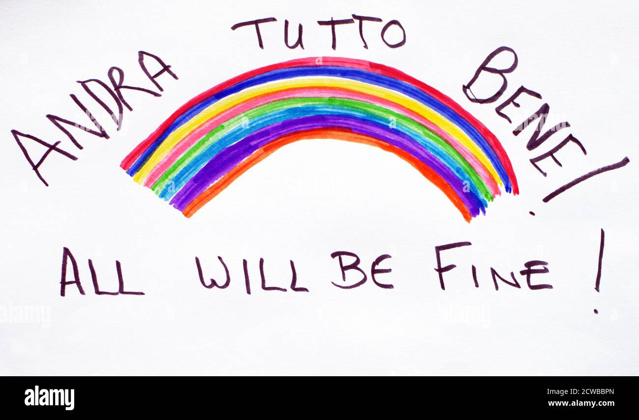 Maison en isolement avec un signe disant "tout va bien" dans la ville auto-mise en quarantaine d'Uppre Heyford, Grande-Bretagne, pendant la Corona (COVID-19 ) pandémie de virus Mars 2020. Cela a été inspiré par les signes dans le nord de l'Italie pendant le confinement prolongé dans ce pays Banque D'Images