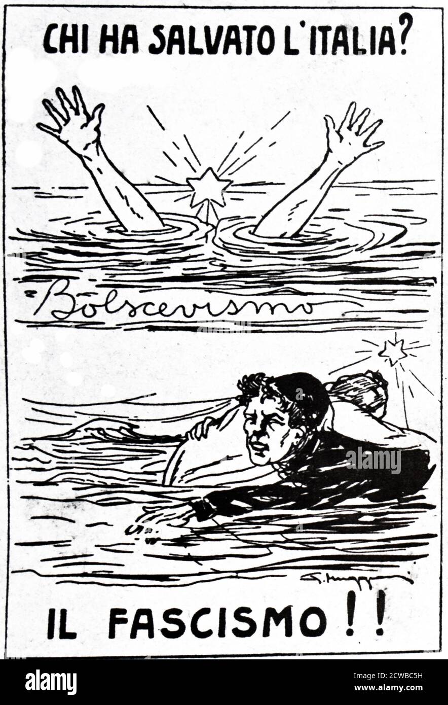 Caricature montrant le fascisme comme le sauveur de l'Italie de la menace du bolchevisme. 'chi ha salvato d'Italia?' (Qui a sauvé l'Italie?). Vers 1935 Banque D'Images