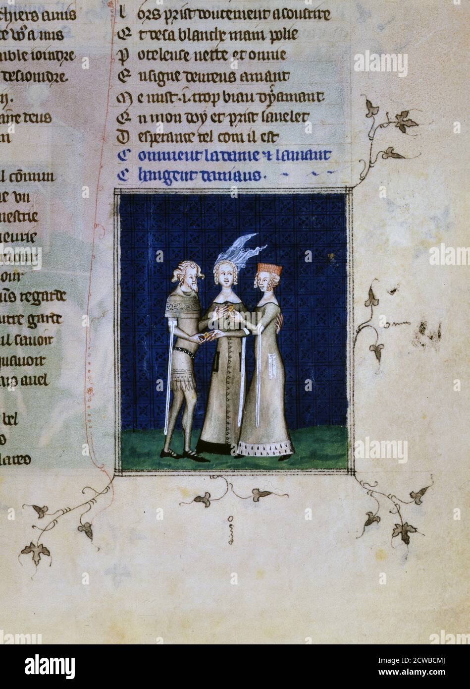 Un Chevalier Et Une Dame Echangeant Des Anneaux C1350 Illustration Du Remede De Fortune Un Poeme D Amour Courtois De Guillaume De Machaut Il Lui Montre Echanger Des Anneaux Avec Une Dame De