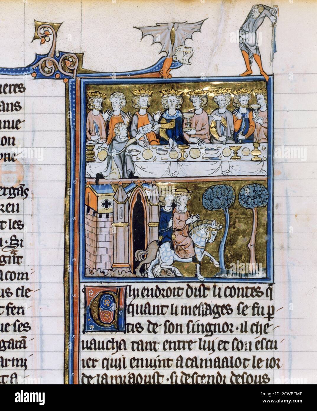 Banquet et cavaliers, c1280-1290. Le roi, montré dans la partie supérieure de l'image, est peut-être le roi Arthur. Ci-dessous est un messager du roi Rion quittant Camelot. Illustration de l'histoire de Merlin par Robert de Borron, qui fait partie de la collection de la Bibliothèque nationale, Paris. Les artistes sont inconnus. Banque D'Images