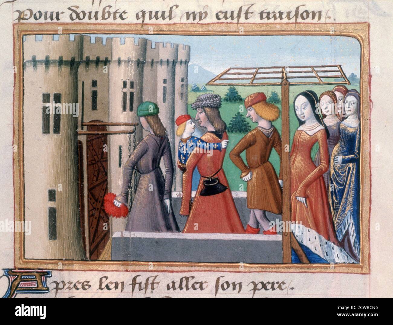 Le Dauphin retourne à Paris, le 1418 juin (1484). Le futur roi Charles VII de France entre dans la Bastille. Illustration des vigiles de Charles VII par Martial de Paris, dans la collection de la Bibliothèque nationale de Paris. L'artiste est inconnu. Banque D'Images