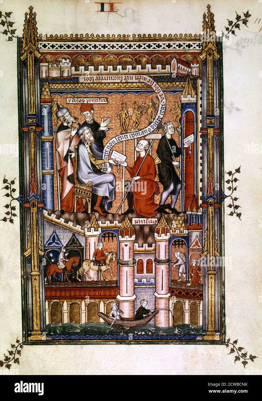 Les prêtres païens de Paris envoient leur message à Rome, 1317. Illustration manuscrite d'une œuvre sur la vie de St Denis (mort c258 AD), écrite par Yves, moine à l'abbaye de St Denis. Le livre décrit la torture et le martyre du saint par le gouverneur romain Feschennus Sisinnius. De la collection de la Bibliothèque nationale, Paris. L'artiste est inconnu. Banque D'Images