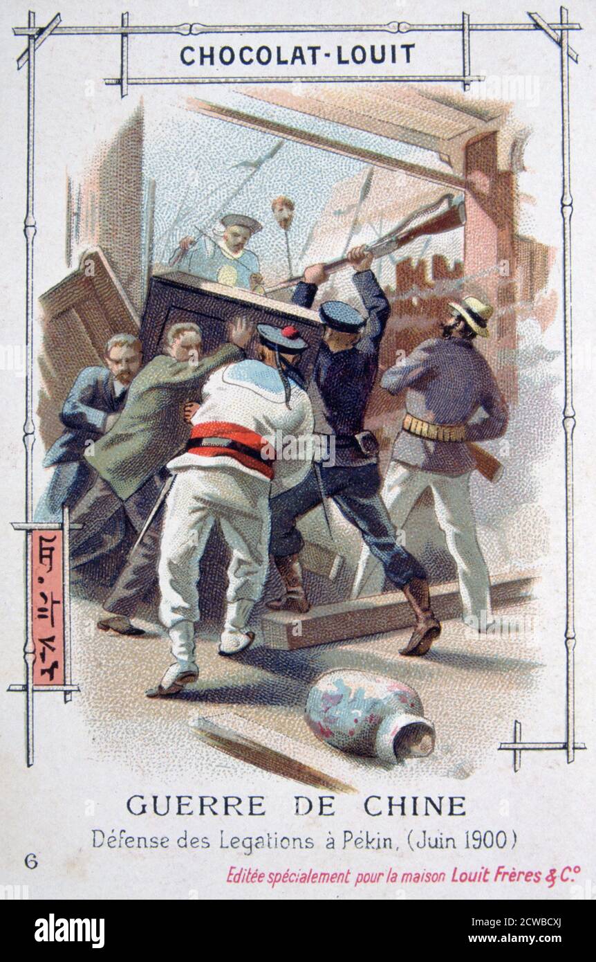 La résistance du personnel diplomatique de Pékin, Chine, Boxer Rebellion, juin 1900. Le soulèvement des boxers ou rébellion des boxers a été une rébellion chinoise du 1899 novembre au 7 septembre 1901 contre l'influence étrangère dans le commerce, la politique, la religion et la technologie en Chine pendant les dernières années de la dynastie des Qing. L'assassinat de l'ambassadeur allemand et le siège des légations diplomatiques étrangères à Pékin ont incité la Grande-Bretagne, la France, l'Allemagne, les États-Unis, la Russie, le Japon, l'Italie et l'Autriche-Hongrie à former l'Alliance des huit nations et à intervenir militairement. Carte de commerce française publicité chocolat-Louit. Banque D'Images