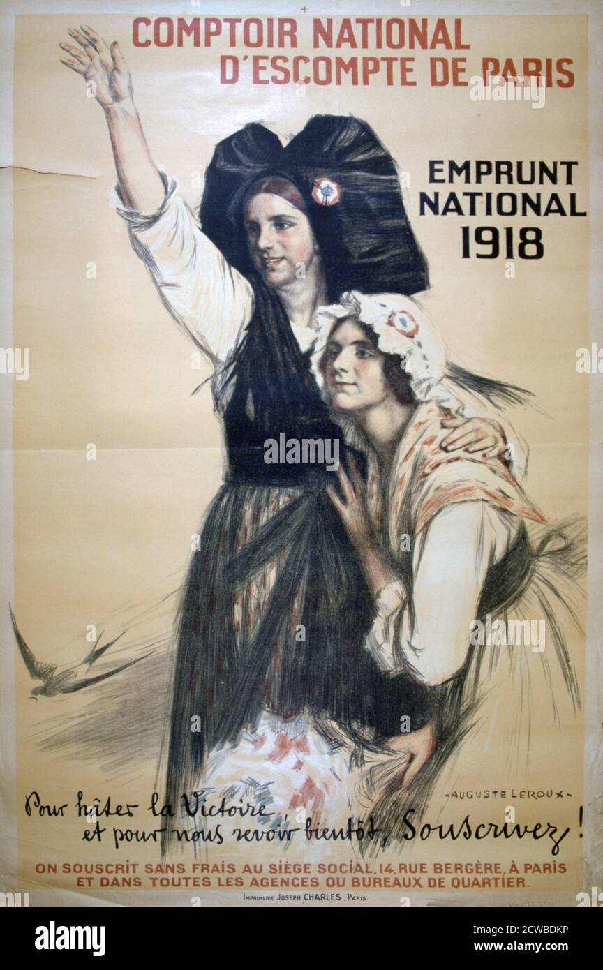 Comptoir National d'Escinte de Paris, affiche française de la première Guerre mondiale, 1918. Deux femmes françaises dans le costume de la France de l'ère de la Révolution contemplent le loin, une vague sa main. L'affiche encourage les citoyens français à acheter des obligations de guerre. Par l'artiste français Auguste Leroux. Banque D'Images