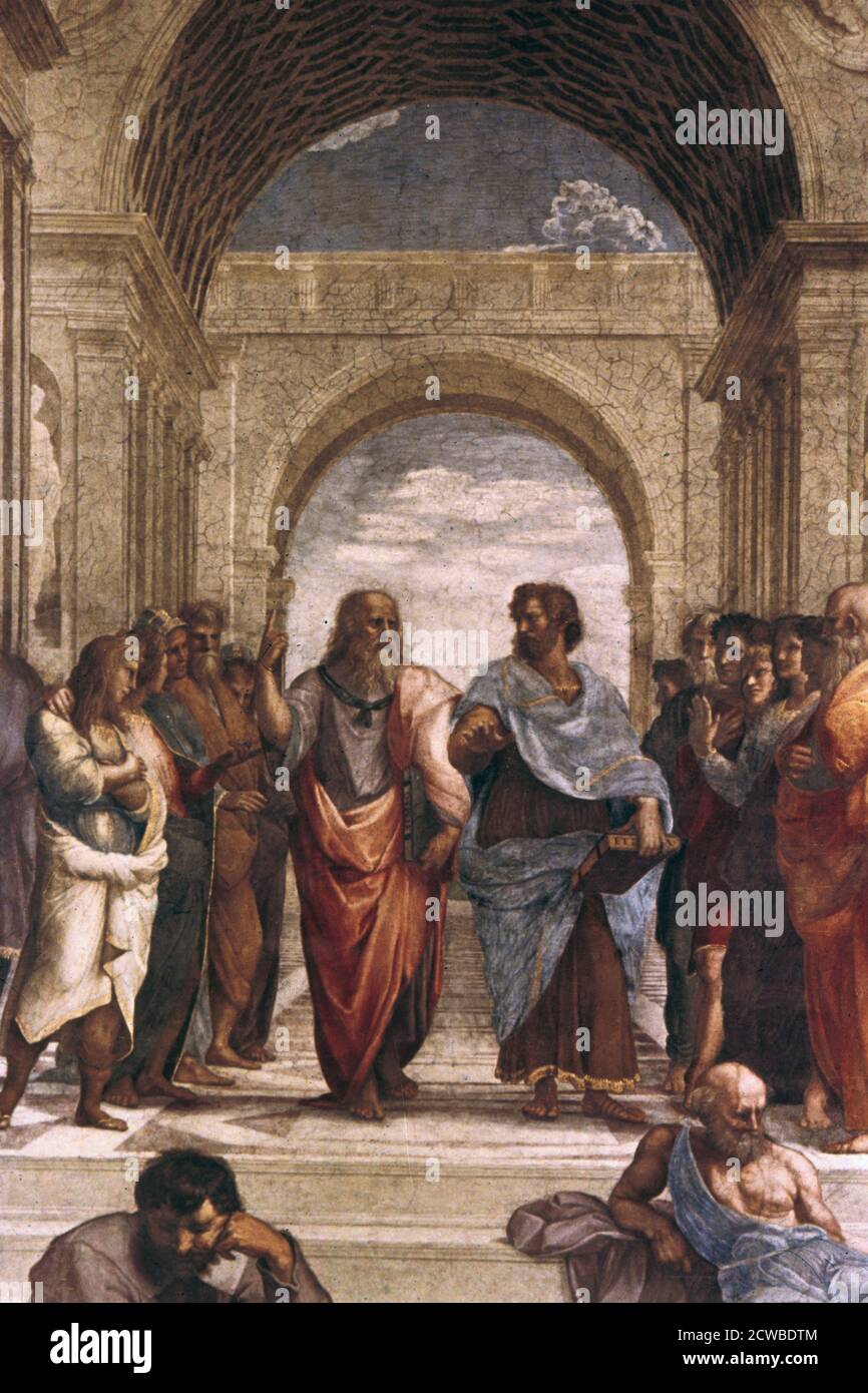 The School of Athens, détail de Platon & Aristote', 1508-1511. Artiste: Raphaël. Raphael(1483-1520) est un peintre et architecte italien de la haute Renaissance. Son travail est admiré pour sa clarté de forme, sa facilité de composition et sa réalisation visuelle de grandeur humaine. Banque D'Images