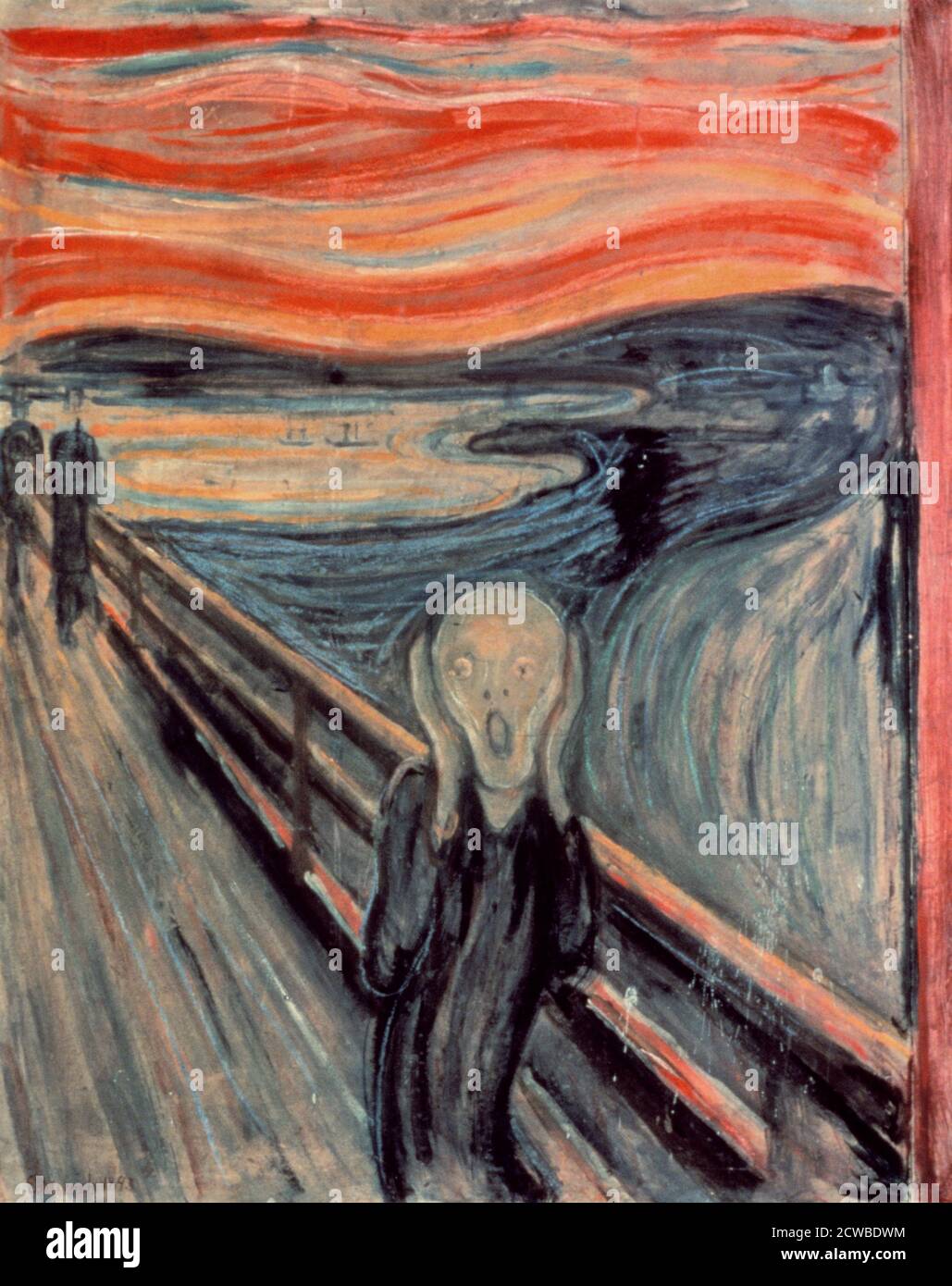 The Scream', 1893 artiste: Edvard Munch. Le Scream est l'une des quatre versions peintes par Edward Munch en 1893. La figure fantomatique et agonisée sur fond de coucher de soleil rouge est l'une des images les plus connues du monde de l'art - un symbole de désespoir et d'aliénation. Depuis le Nasjonalgeriet, Oslo. Banque D'Images