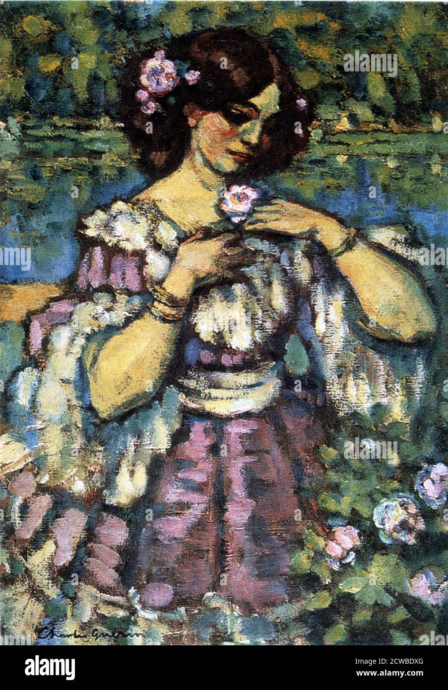 Femme avec Rose', 1901 artiste: Charles Guerin. En tant qu'admirateur de Monet et Renoir, Charles François Prosper Guerin a pris la technique des impressionnistes et l'a appliquée dans son propre style, avec une utilisation inhabituelle et originale de la couleur. Banque D'Images