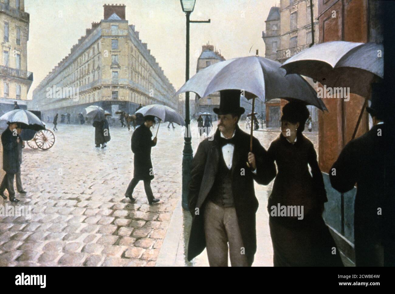 Paris Street in Rainy Weather', 1877 artiste: Gustave Caillebotte. Les thèmes de Caillebotte étaient catholiques (comme dans 'universel'). Il a souvent choisi un point de vue au-dessus de la tête pour ses compositions et a représenté des personnages élégamment habillés se promenant avec le look expressionné des marchettes de sommeil. Institut d'art de Chicago. Banque D'Images