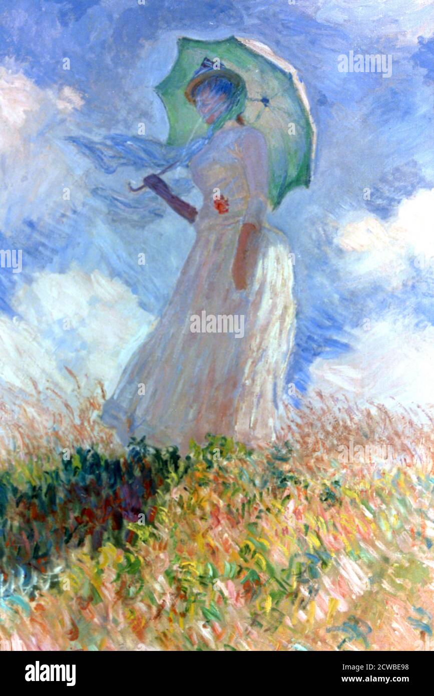 Femme avec parapluie tourné à gauche, 1886. Artiste: Claude Monet. Monet était un peintre français, un fondateur de la peinture impressionniste française et le praticien le plus cohérent et le plus prolifique de la philosophie des mouvements. Banque D'Images