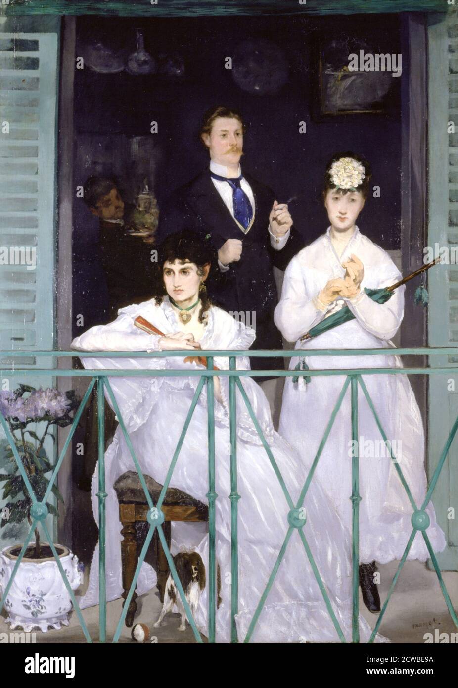 The Balcony', 1868 artiste: Edouard Manet. Berthe Morisot, violoniste Fanny Claus, et derrière les femmes se trouve le peintre Antonin Guillemet. Banque D'Images