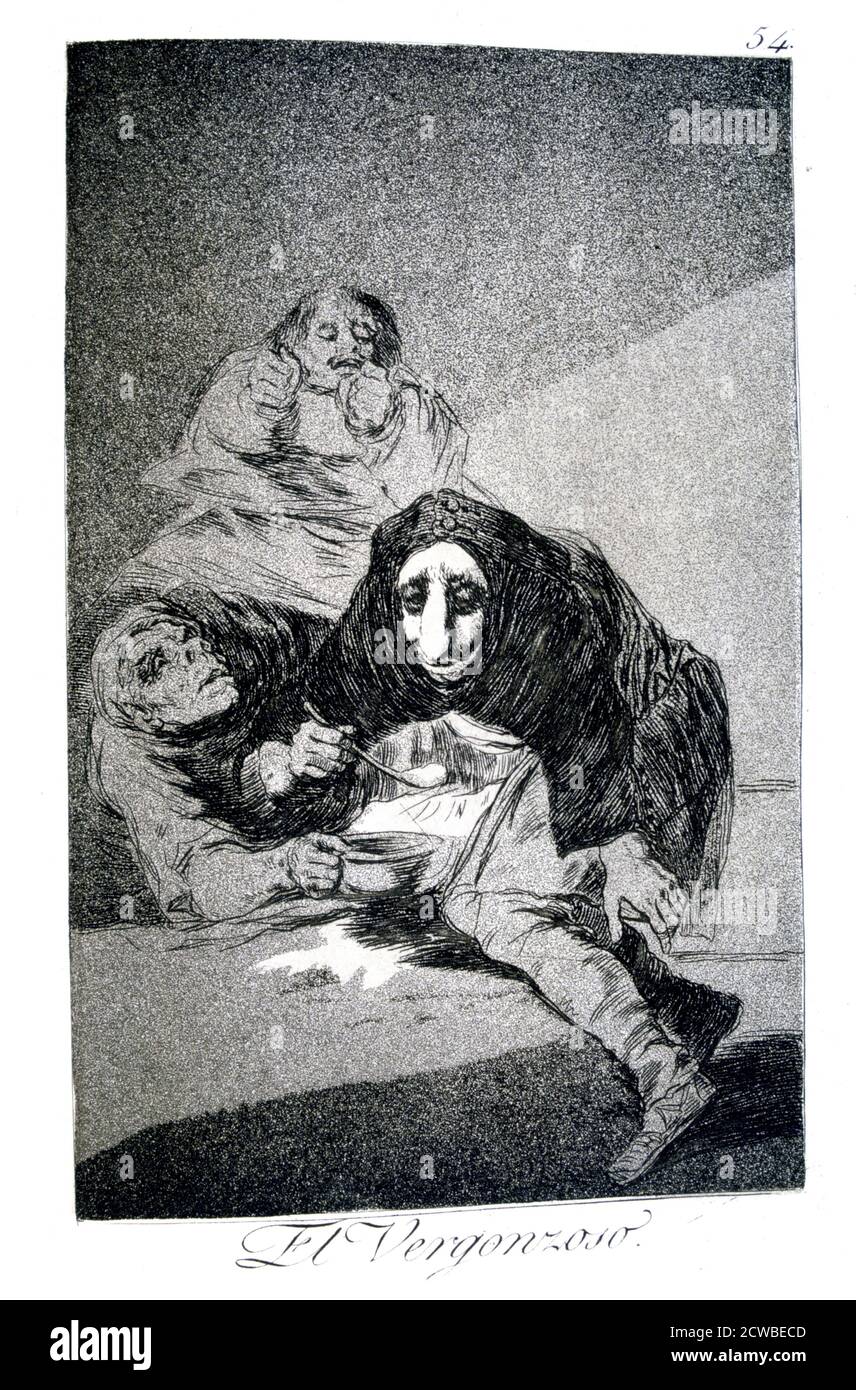 The Shamefacing One', 1799 artiste: Francisco Goya. Assiette 54 de 'Los Caprichos'. Los Caprichos est un ensemble de 80 tirages en aquatinte et gravure créés par l'artiste espagnol Francisco Goya en 1797 et 1798, et publiés comme un album en 1799. Banque D'Images