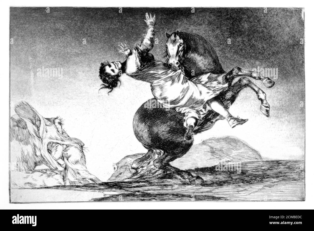 Cheval d'enlèvement, 1819-1823 artiste: Francisco Goya. Conte d'un homme qui s'est transformé en cheval, abconduit la femme qu'il aime après avoir tué son mari, plaque 10 de 'Proverbes', publié en 1864. 'Proverbes' est un album de vingt-deux tirages qui est la dernière grande série de tirages de Francisco Goya. Banque D'Images