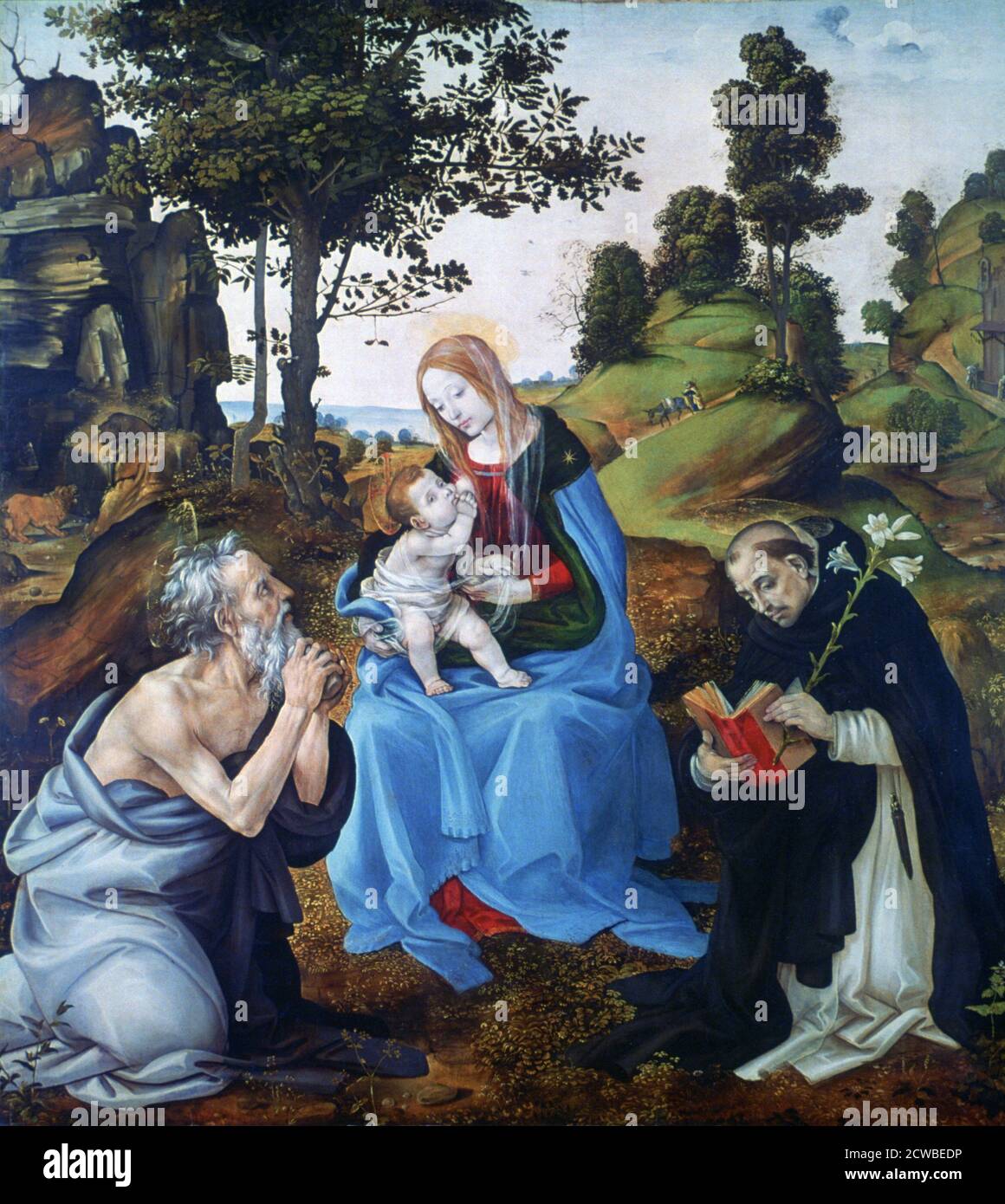 La Vierge à l'enfant avec les saints Jérôme et Dominic, c1485. Artiste: Philippin Lippi. Filipino Lippi(1406-1469) était l'un des peintres de la Renaissance les plus accomplis de la fin du XVe siècle, Filipino Lippi était un des principaux représentants de la tradition des grands cycles de fresque. Banque D'Images