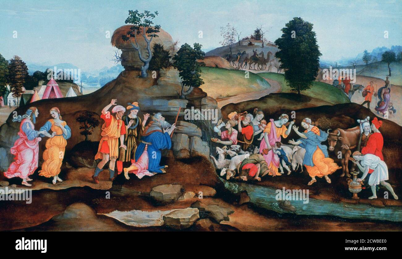 Moïse fait sortir l'eau du Rocher', c1500. Artiste: Philippin Lippi. Filipino Lippi(1406-1469) était l'un des peintres de la Renaissance les plus accomplis de la fin du XVe siècle, Filipino Lippi était un des principaux représentants de la tradition des grands cycles de fresque. Banque D'Images